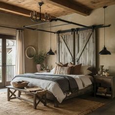 a bedroom with a large bed and wooden ceiling