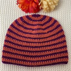 Hand Crocheted Beanie Skull Cap, Striped, Burnt Orange And Purple.. This Is A Cute Hat In Burnt Orange And Purple. It Measures 9” High And 11”Across The Brim, So It Will Fit A Head Circumference Of 22”-24”. To Measure The Circumference Of Your Head Use A Measuring Tape To Go Around Your Head And Across The Center Of Your Forehead. Machine Washable And Dry-Able. Check Out The Other Colors And Sizes I Have In This Hat. Adjustable Purple Casual Beanie, Adjustable Casual Purple Beanie, Casual One-size Purple Crochet Hat, Handmade Casual Purple Crochet Hat, Casual Purple Crochet Beanie Hat, Burnt Orange And Purple, Crocheted Beanie, Cute Hat, Go Around