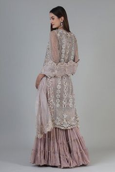 Mauve pink floral bead and thread embroidered straight kurta. Paired with a tiered sharara and dupatta with a scallop embroidered border dupatta. - Aza Fashions Reception Sharara With Lace Work, Diwali Reception Sharara With Lace Work, Floor-length Lace Work Sharara For Eid, Diwali Lace Work Sharara For Reception, Pink Lehenga With Lace Work, Eid Floor-length Lace Work Sharara, Unstitched Sets With Lace Work For Reception, Fitted Pink Organza Palazzo Set, Designer Pink Salwar Kameez With Lace Work