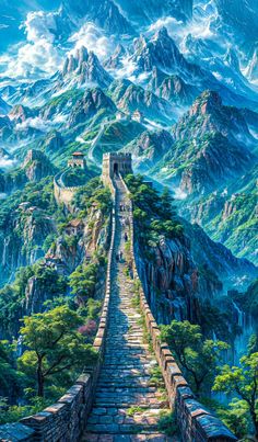 the great wall of china with mountains in the background and trees on each side, as well as steps leading up to it