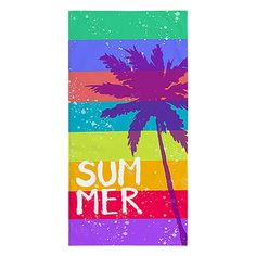 a beach towel with the words summer on it and a palm tree in rainbow colors