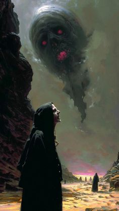 a painting of a person standing in front of a giant monster head with red eyes