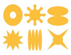 various shapes and sizes of yellow objects on a white background, including circles, stars, and dots