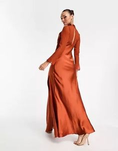 ASOS DESIGN satin cowl maxi dress with chiffon layer detail in rust | ASOS Brown Satin Maxi Length Dress, Brown Satin Maxi Dress For Evening, Elegant Brown Satin Maxi Dress, Formal Brown Satin Maxi Dress, Orange Satin Maxi Dress For Party, Elegant Orange Satin Maxi Dress, Chic Brown Satin Maxi Dress, Formal Long Sleeve Orange Maxi Dress, Fall Wedding Satin Maxi Dress