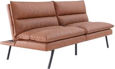 a brown leather couch with black legs and a pillow on the backrest, isolated against a white background