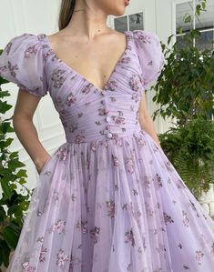 Lavender Dreams Dress | Teuta Matoshi Dream Dress Prom, Teuta Matoshi Dresses, Matoshi Dress, Lavender Floral Dress, Teuta Matoshi, Dress Cottage, Hoco Dresses Long Sleeve, Cottage Core Dress, Dress Fairy