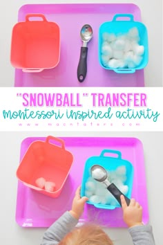 a toddler playing with snowball transferer montesson inspired activity