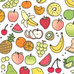 a bunch of different types of fruit on a white background