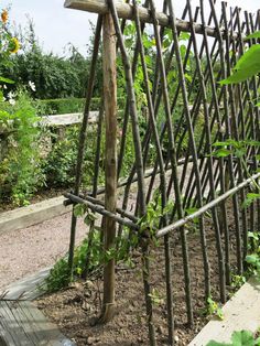 a wooden trellis in the middle of a garden with plants growing on it's sides