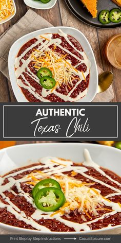 two plates with different types of food on them and the title reads authentic texas chili