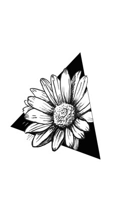 a black and white drawing of a sunflower on a triangle with an arrow in the middle