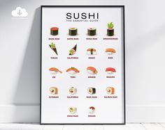 a poster with sushi on it in front of a white wall