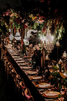 a long table is set with place settings