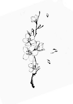 a black and white photo of a flower on a branch with leaves flying in the air