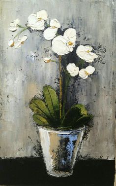 an oil painting of white flowers in a glass vase on a gray and black background