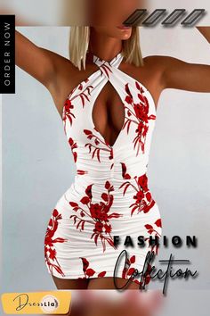 Halter Floral Print Cut-out Ruched Bodycon Mini Dress White Ruched Halter Neck Bodycon Dress, Spring Beach Bodycon Dress With Ruched Detail, Spring Ruched Bodycon Dress For Beach, White Ruched Bodycon Dress For Summer, Top Les, Dresses By Length, Bodycon Mini Dress, Print And Cut, Women's Fashion Dresses