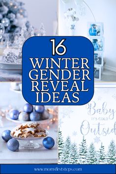 the words winter gender reveal ideas in blue and white