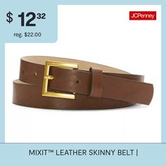 Every wardrobe needs an assortment of belts like this Mixit women's skinny belt to pull together stylish looks effortlessly. Made from smooth leather with a metallic buckle, pair this classic style with your favorite jeans and a tee or shirt. Strap Width: .75 InchesBase Material: 100% LeatherFiber Content: 100% LeatherFabric Description: LeatherBelt Width: 1 InCare: Wipe CleanCountry of Origin: Imported Trendy Fitted Belts For Work, Trendy Leather Belts For Business, Wardrobe Needs, Belt Brown, Suspender Belt, Suspenders, Favorite Jeans, Smooth Leather, Belts