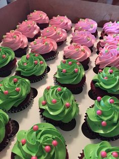 cupcakes with green and pink frosting are in a box on the table