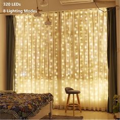 the bedroom is decorated with lights and curtains