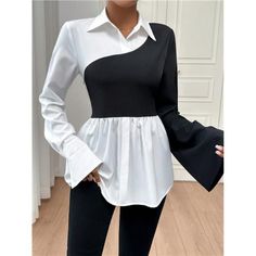 -Item Id 28481539 -Details: Ruffle Hem, Asymmetrical -Neckline: Collar -Sleeve Type: Bishop Sleeve -Style: Elegant, Casual -Type: Peplum -Hem Shaped: Flared -Color: Black And White -Pattern Type: Colorblock -Sleeve Length: Long Sleeve -Length: Regular -Fit Type: Regular Fit -Fabric: Non-Stretch -Material: Woven Fabric -Composition: 95% Polyester, 5% Elastane -Care Instructions: Machine Wash, Do Not Dry Clean -Sheer: No **Open To Offers!!!** **Bundle To Save More** **30% Off Bundles Of 2 Or More Different Sleeves Style, Modeling Outfits, Asymmetrical Shirt, Color Block Blouse, Upcycle Shirt, Fashion Top Outfits, Elegant Casual, Bishop Sleeve, African Design Dresses