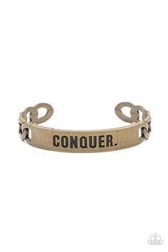 Brass chain-like bars attach to a rustic brass centerpiece stamped in the powerful word, "CONQUER," creating a statement-making cuff around the wrist. Conquer Your Fears, Brass Cuff Bracelet, Brass Cuff, Inspirational Bracelets, Brass Bracelet, Unisex Bracelets, Paparazzi Accessories, Paparazzi Jewelry, Brass Chain