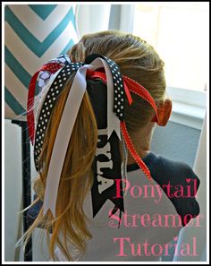 Ribbon pony tails for the girls (might make ahead) to wear during the cheer portion of the party. Cute Diy Hair Accessories, Ponytail Streamer, Pompon Diy, Softball Hair, Soccer Hair, Ribbon Hair Ties, Softball Hairstyles, Sport Hair