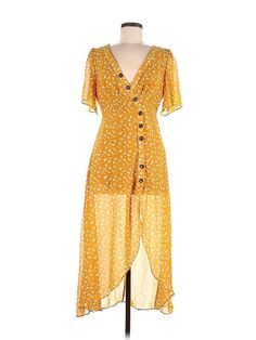 Essue Casual Dress Size: Medium Yellow Dresses - used. 100% POLYESTER, Plunge, High Low, Short Sleeve | Essue Casual Dress: Yellow Dresses - Used - Size Medium Yellow Casual Dress, Juniors Dresses, Yellow Dresses, Yellow Floral Dress, Dress Yellow, Floral Dresses, Dress Midi, Junior Dresses, Yellow Floral