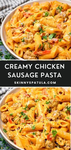 creamy chicken sausage pasta in a white bowl with parsley on top and the title above it