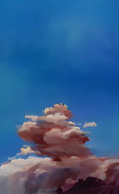 an abstract painting of clouds in the blue sky with pink and red colors on them