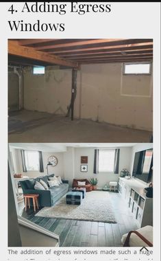 the before and after pictures of an unfinished living room with exposed ceilings, windows, and rugs