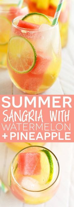 watermelon and pineapple sangria with text overlay that reads summer sangria with watermelon and pineapple