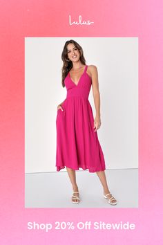 Make a bold impression wherever you go with the Lulus Bold New Look Magenta Tie-Back Midi Dress With Pockets! Linen-like woven fabric shapes this lightweight dress that has wide adjustable straps, a V-neckline, and lightly gathered triangle cups. A set-in waist tops a full midi skirt with side seam pockets. Tie-back detail accents the otherwise open back. Hidden back zipper/clasp. Fit: This garment fits true to size. Length: Knee to mid-calf length. Size medium measures 41" from top to bottom. Bust: Works best for A to C cup sizes - consider sizing up for fuller bust. Waist: Fitted - very fitted at natural waist. Hip: Not Fitted - fuller skirt allows room for hips. Undergarments: May be worn with petals, or no bra. Fabric: Fabric has no stretch. Fully lined. Shell: 53% Polyester, 47% Rayon Magenta Midi Dress, Magenta Floral Dress, Flirty Sleeveless Tie-back Midi Dress, Pink Non-stretch V-neck Midi Dress, Pink V-neck Tie Back Midi Dress, Midi Dress With Pockets, Sticky Bra, Full Midi Skirt, C Cup