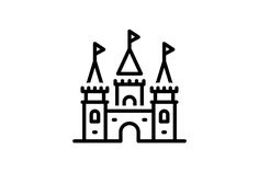 a castle with two flags on top of it, black and white icon royalty illustration