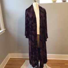 A Lightweight, Velvet Burnout Kimono Has Wispy Effortless Styling Appeal. Velvet Burnout Fabric Open Front 3/4 Bell Sleeves Nylon/Polyester/Spandex Wash Cold; Line Dry Imported Plus Size Kimono Plus Sz 5/6 Buy Any 3 Closet Items And Get Free Shipping Purple Outerwear For Evening In Fall, Fitted Burgundy Outerwear For Party, Fitted Burgundy Party Outerwear, Burnout Fabric, Plus Size Kimono, Velvet Burnout, Front Open, Polyester Spandex, Bell Sleeves