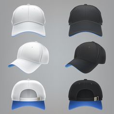 four different styles of baseball caps on a gray background, one is black and the other is white