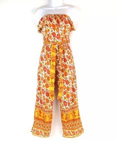 Cider Floral Ruffle Jumpsuit Orange Floral Women Size Small (US 4) Strapless | eBay Ruffle Jumpsuit, Floral Ruffle, Tie Belt, Yellow Floral, Empire Waist, Cider, Ruffles, Jumpsuit Romper, Off The Shoulder