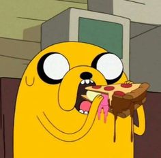 a cartoon character eating a slice of pizza