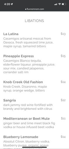 the menu for an app showing different types of food and drinks, including lemonade