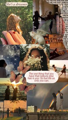 the collage shows people, flowers and rainbows in different pictures with words above them