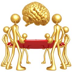 gold people stand around a red table with a brain on it