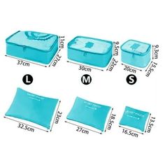 four pieces of blue plastic with measurements for the size and shape of each piece, including two