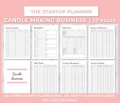 the start - up planner for soap making business is displayed on a pink and white background