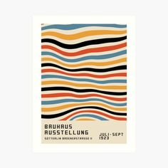 an art print with wavy lines in orange, blue, yellow and black on white