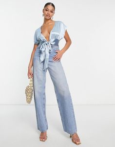 ASOS DESIGN Tall plunge tie front top in icy blue | ASOS Party V-neck Top With Tie Waist, V-neck Top With Tie Waist For Party, Party Top With Tie Waist And V-neck, Light Blue V-neck Party Top, Chic Blue Tops With Tie Waist, Top Azul, Tie Front Top, Drop Top, Icy Blue