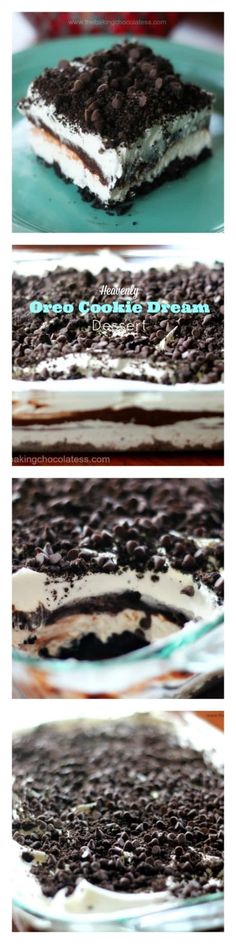 four different views of an ice cream cake with chocolate and white frosting on it