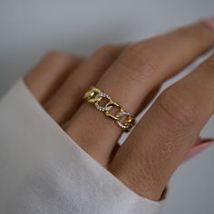 This two-toned chain ring is beautiful! Great for stacking! Looks great mix-and-matched with silver/white gold as well! - - - D E T A I L S - - -  * THICK plating of 14k Gold over 925 Sterling Silver * Sizes 4-10 * 6mm height  * Nickel-free & Hypoallergenic  Made with 100% Pure Love! ♡ Happy to answer any questions you may have! 🥰 Let's Connect! 🥰 IG: samijewels_ Adjustable White Gold Chain Ring For Everyday, Adjustable Chain White Gold Ring, Adjustable White Gold Chain Ring, Tarnish Resistant White Gold Chain Promise Ring, Tarnish Resistant White Gold Promise Ring, White Gold Stackable Open Chain Ring, Dainty Tarnish Resistant White Gold Chain Ring, Gold Chain Ring, Gold Ring Diamond