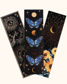 three bookmarks with sunflowers and butterflies on them, one has the moon