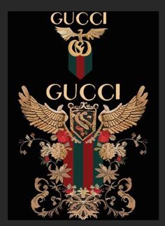 gucci logo with wings and flowers on a black background