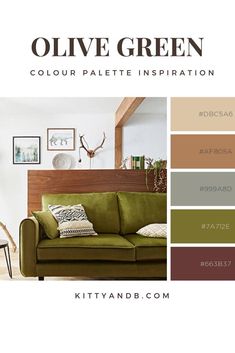 the olive green color palette is shown in this living room